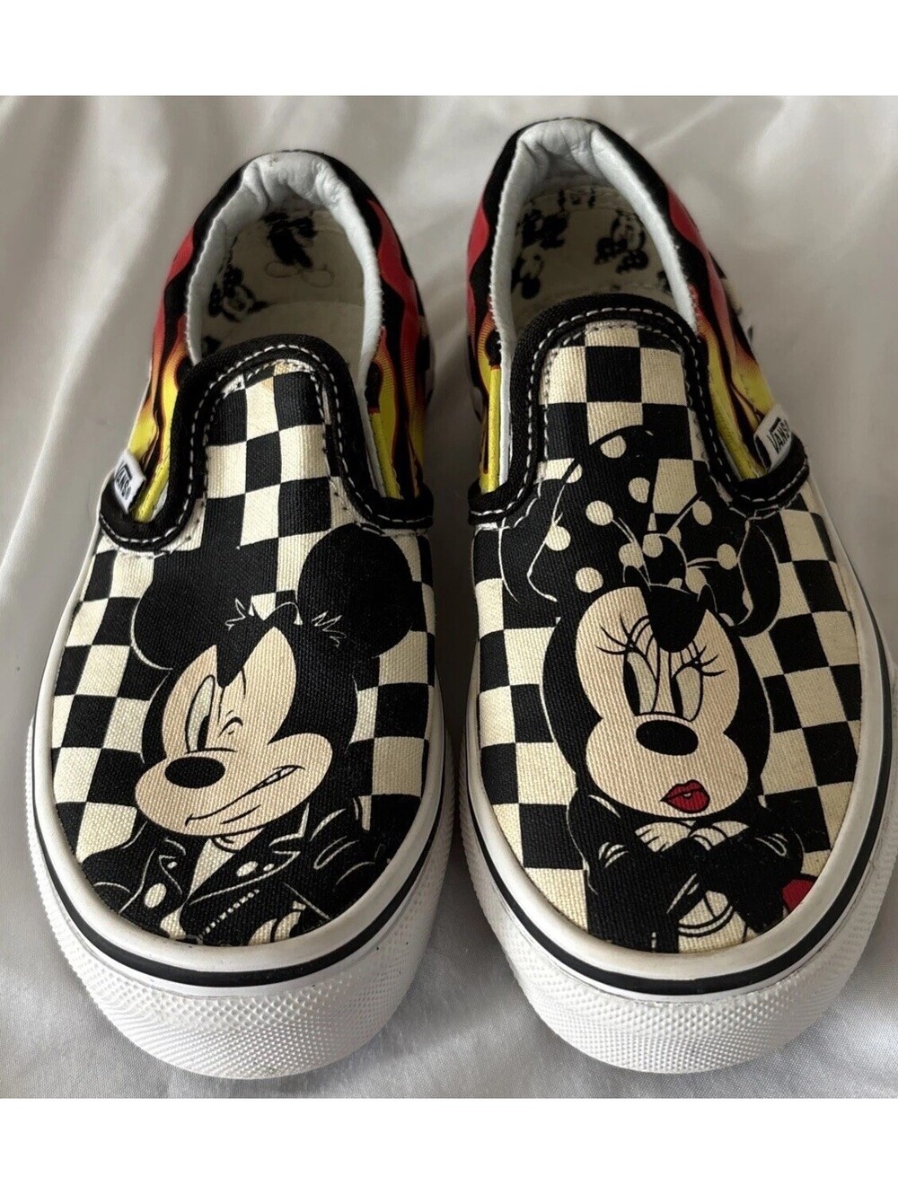 Vans Checkered Flame Disney Mickey Minnie Mouse Slip On Shoes Youth Kids Size 11